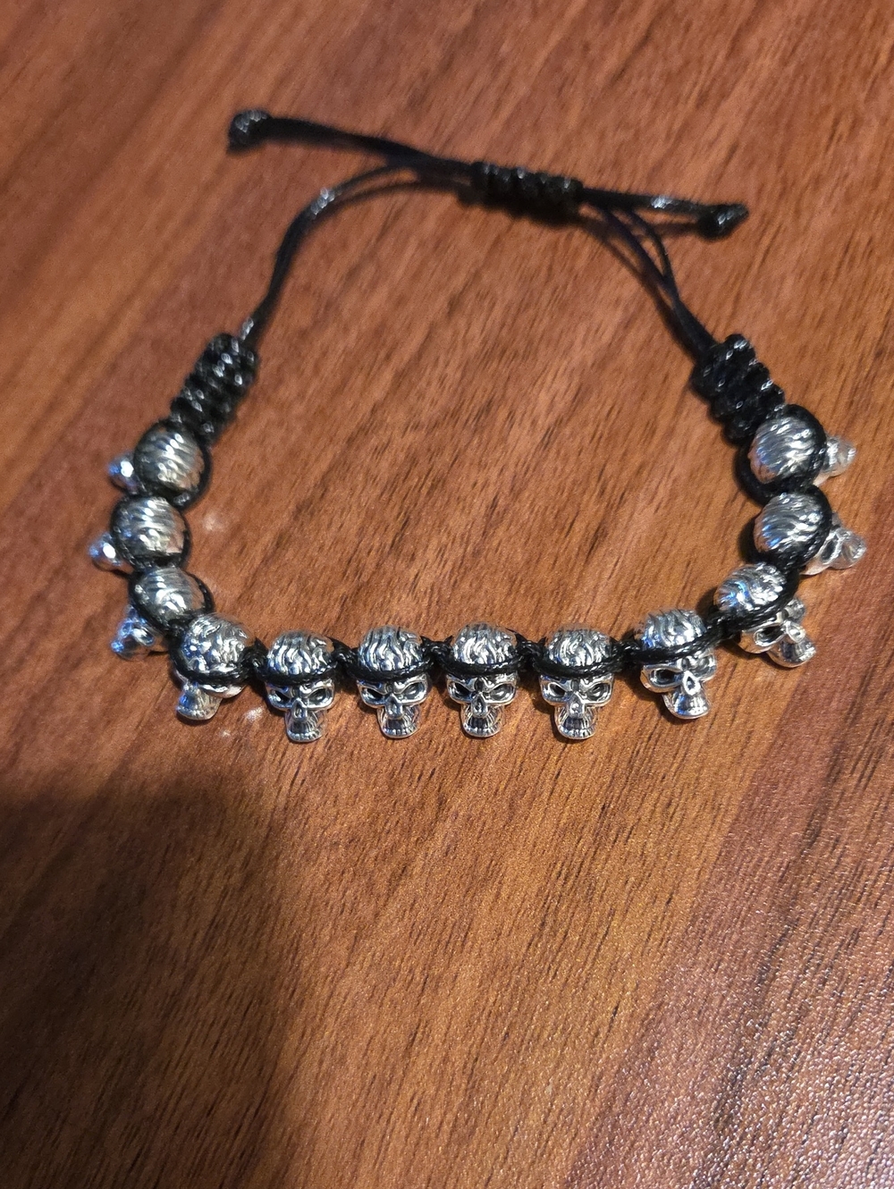 Adjustable Black Cord Bracelet with Silver Skull Beads